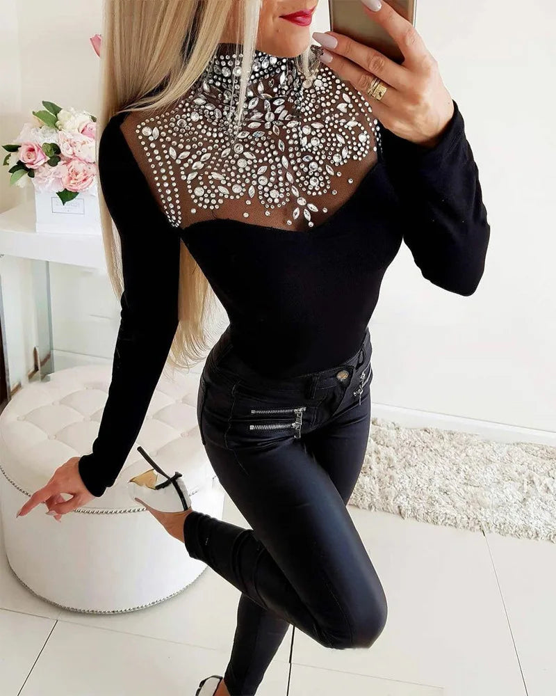 Sexy Rhinestone Women Mesh Long Sleeve Black Blouse - D'Zani Fashion