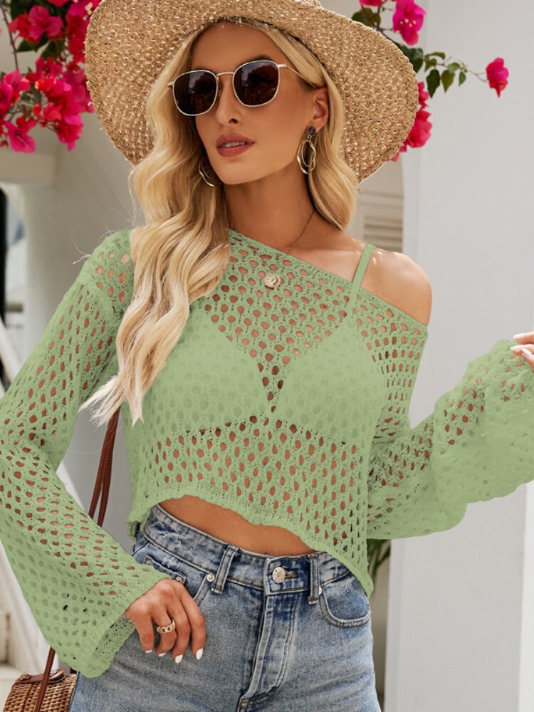 Women's Sexy Fashion Trumpet Sleeve Cropped Blouse