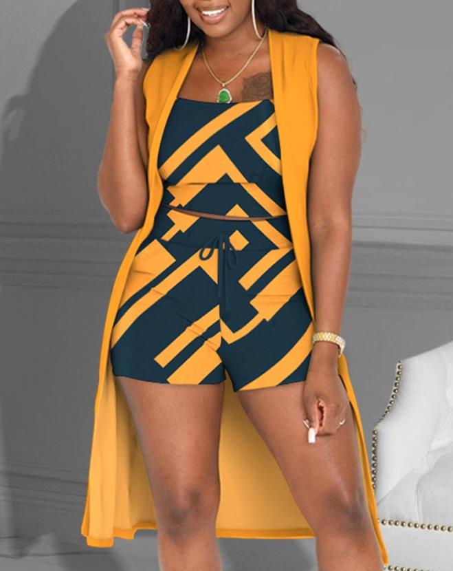 Women's Yellow 3 Piece Crop Shorts Set with Vest Coat - D'Zani Fashion