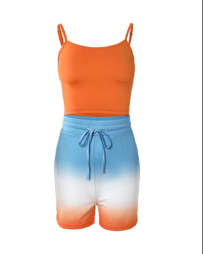 Women's Orange 3 Piece Crop Shorts Set with Vest Coat - D'Zani Fashion