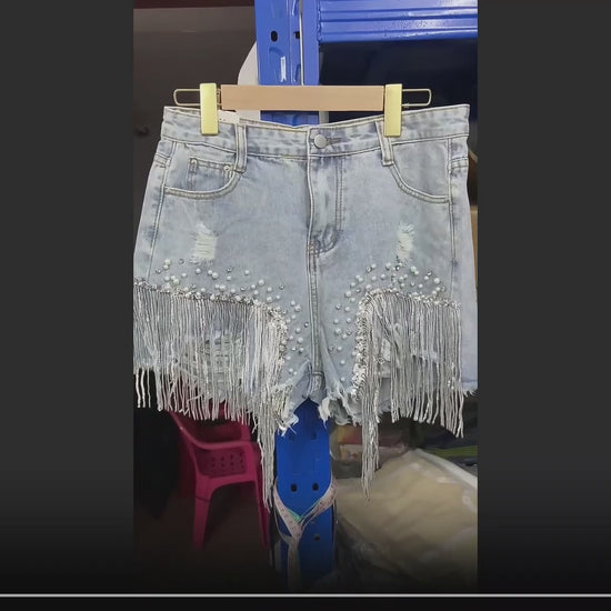 Women's Blue Tassel Beading Denim Shorts - Video - D'Zani Fashion