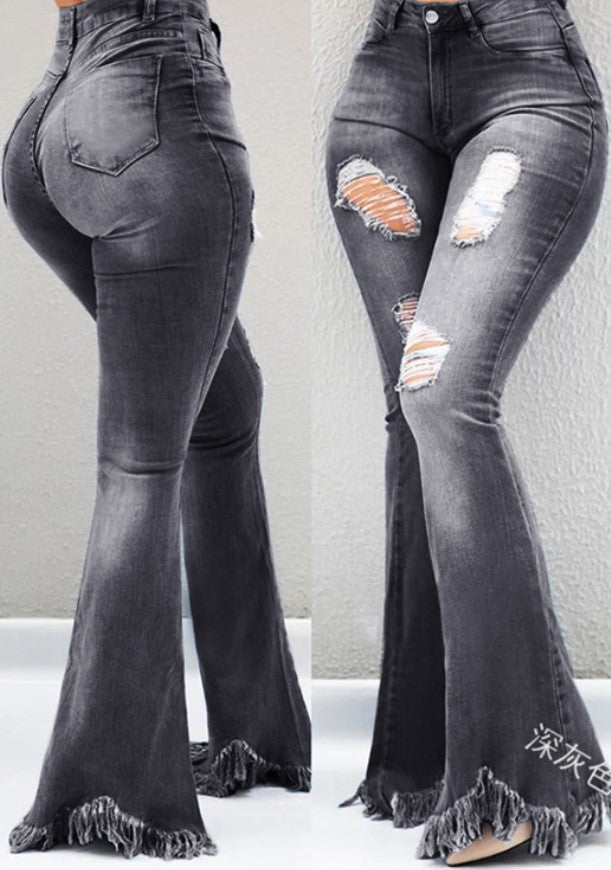 Women's Black Grey Bell Bottom Jeans - D'Zani Fashion