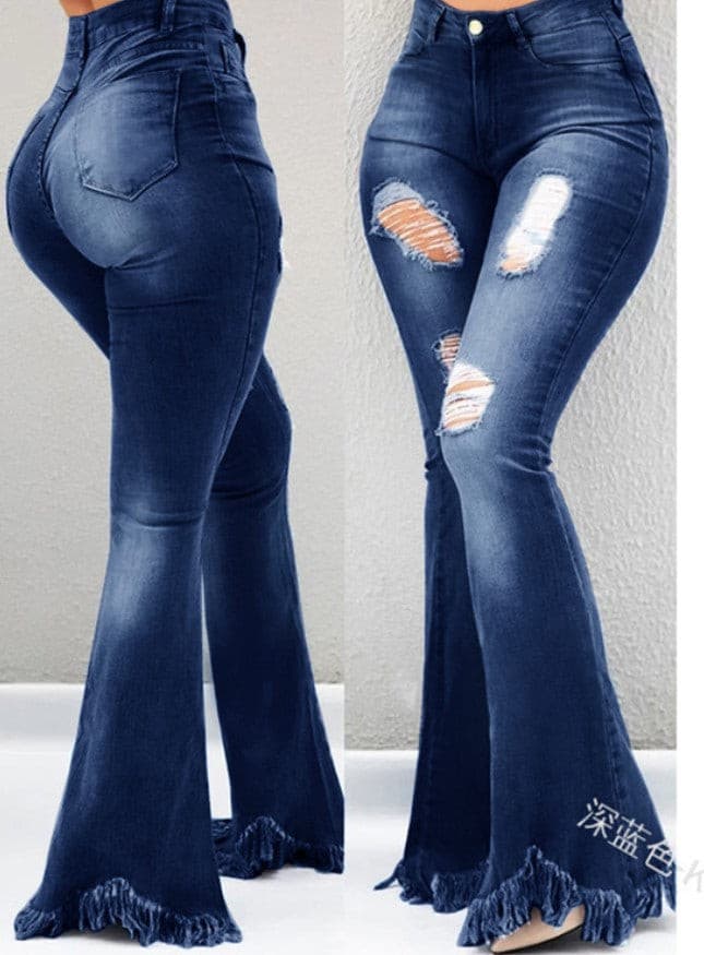 Women's Dark Navy Blue Bell Bottom Jeans - D'Zani Fashion