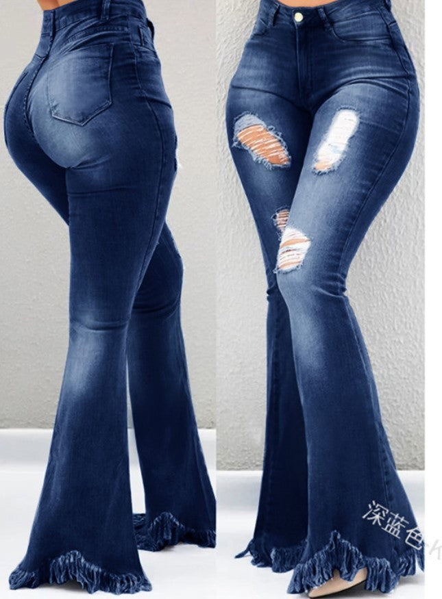 Women's Navy Blue Bell Bottom Jeans - D'Zani Fashion