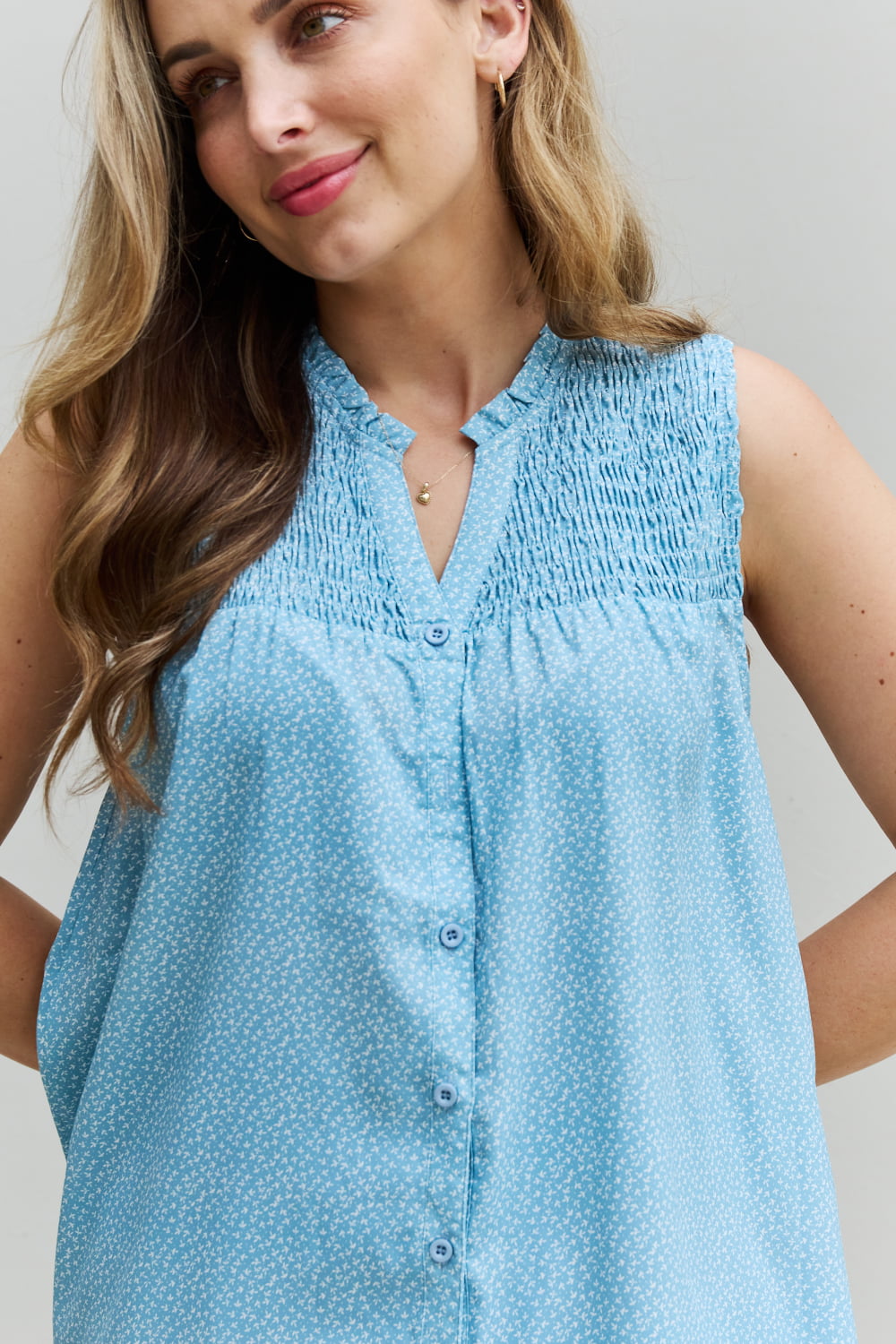 Women's Pastel Blue She Means Business Full Size Ruffled Floral Flare Shirt - D'Zani Fashion