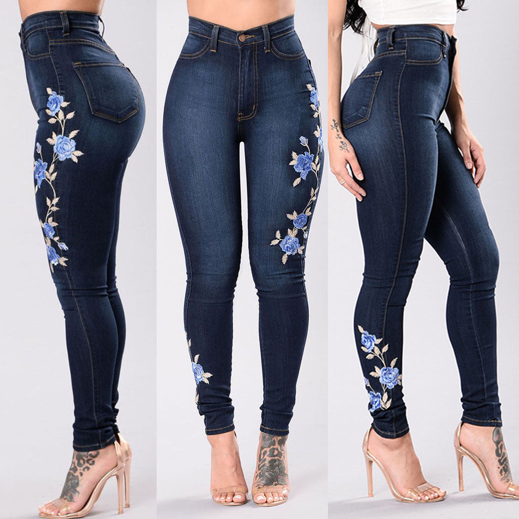Women's Blue Sexy Embroidered Jeans - D'Zani Fashion