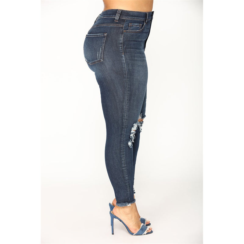 Women's Blue Distressed Stretch Shredded Plus Size Jeans - D'Zani Fashion