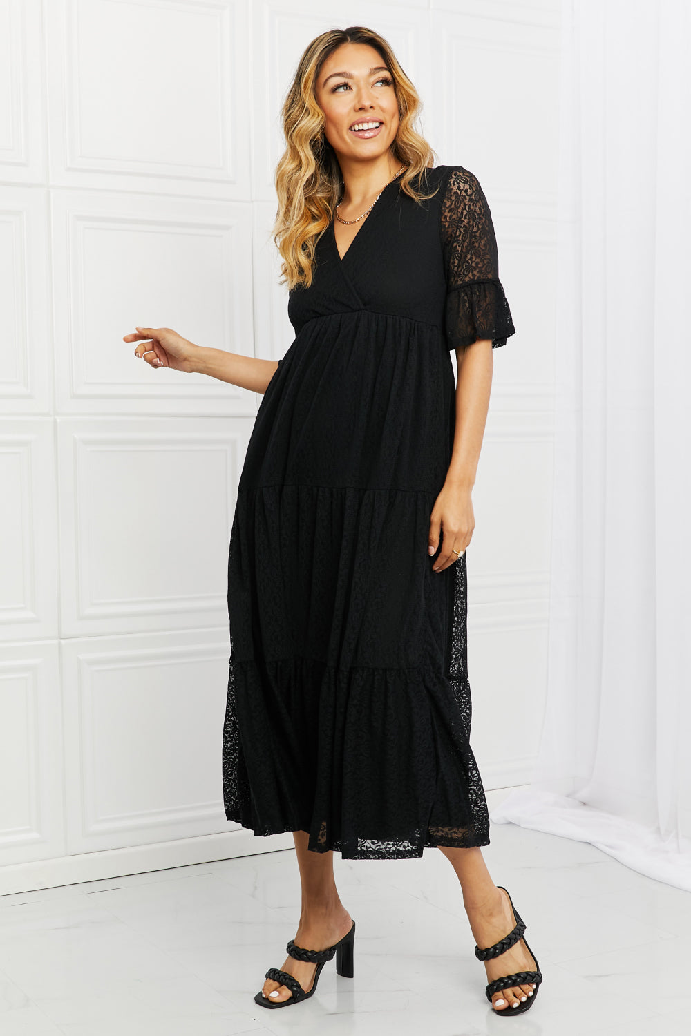 Women's Black P & Rose Lovely Lace Full Size Tiered Dress - D'Zani Fashion