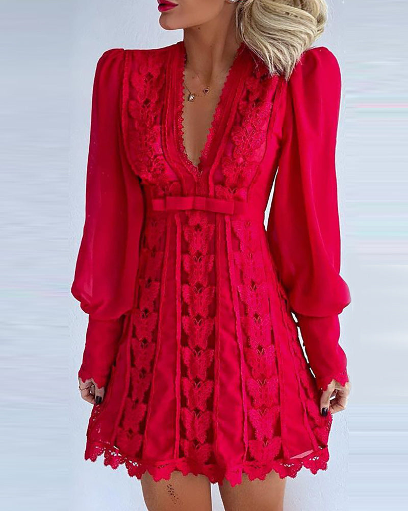 Women's Red Sheer Sexy Lace Dress  - D'Zani Fashion