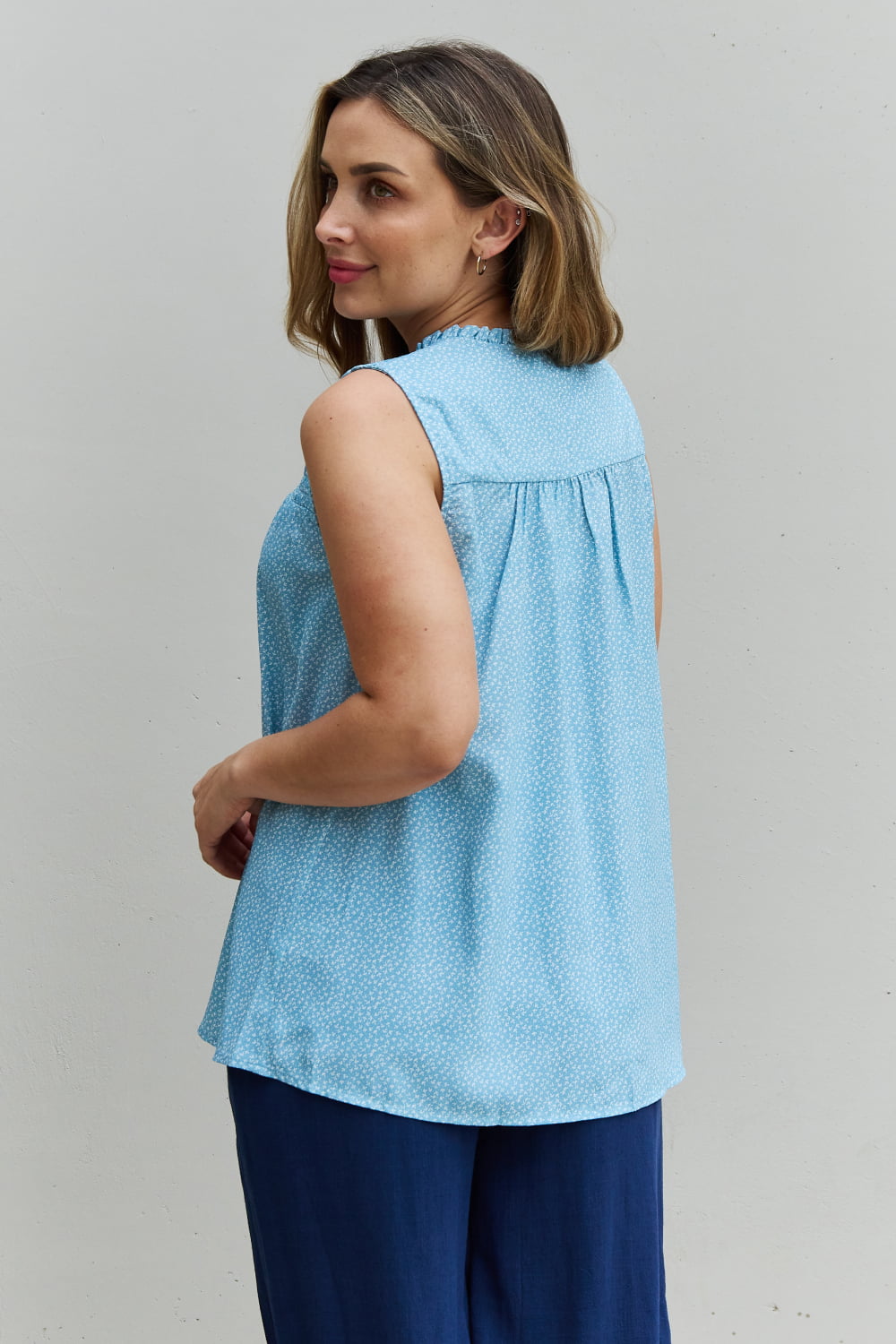 Women's Pastel Blue She Means Business Full Size Ruffled Floral Flare Shirt - D'Zani Fashion
