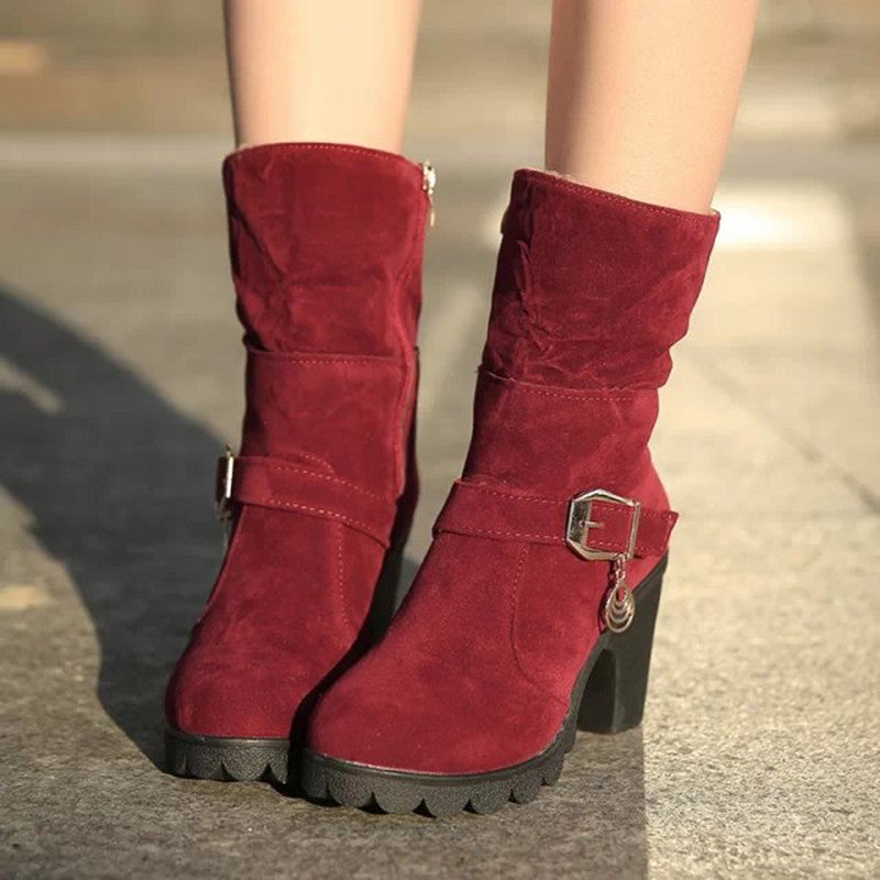 Women's Red Belt Buckle Warm High Heels Boots - D'Zani Fashion