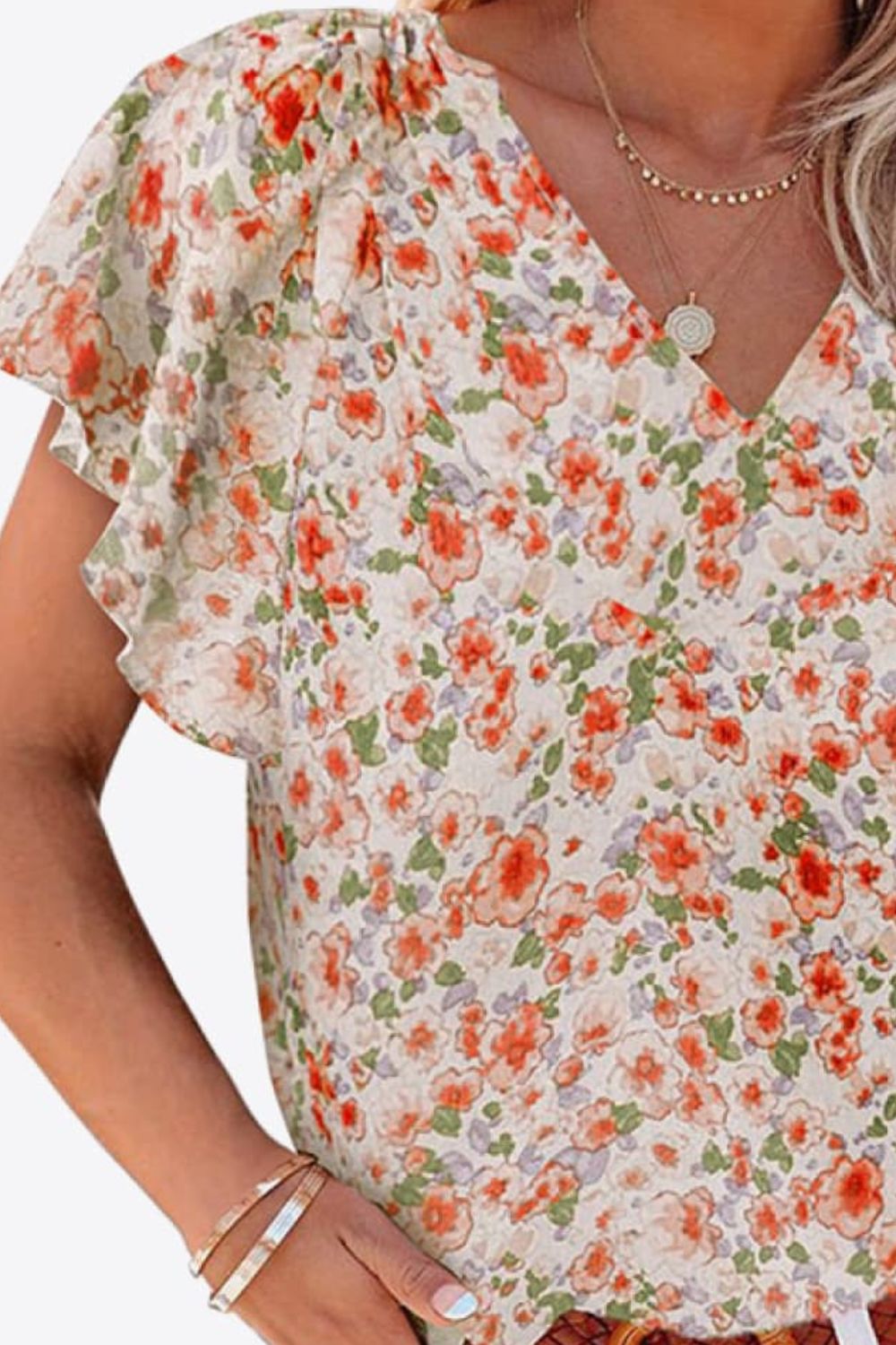 Women’s Light Apricot Floral V-Neck Flutter Sleeve Blouse - D'Zani Fashion