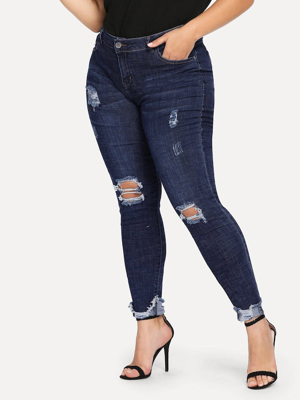 Women's Blue Shredded Plus Size Fit Jeans - D'Zani Fashion
