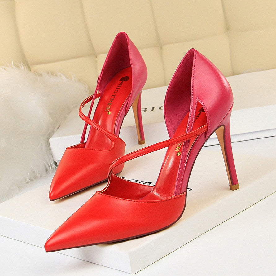 Women's Red Classy Two Tone High Heel Shoes - D'Zani Fashion
