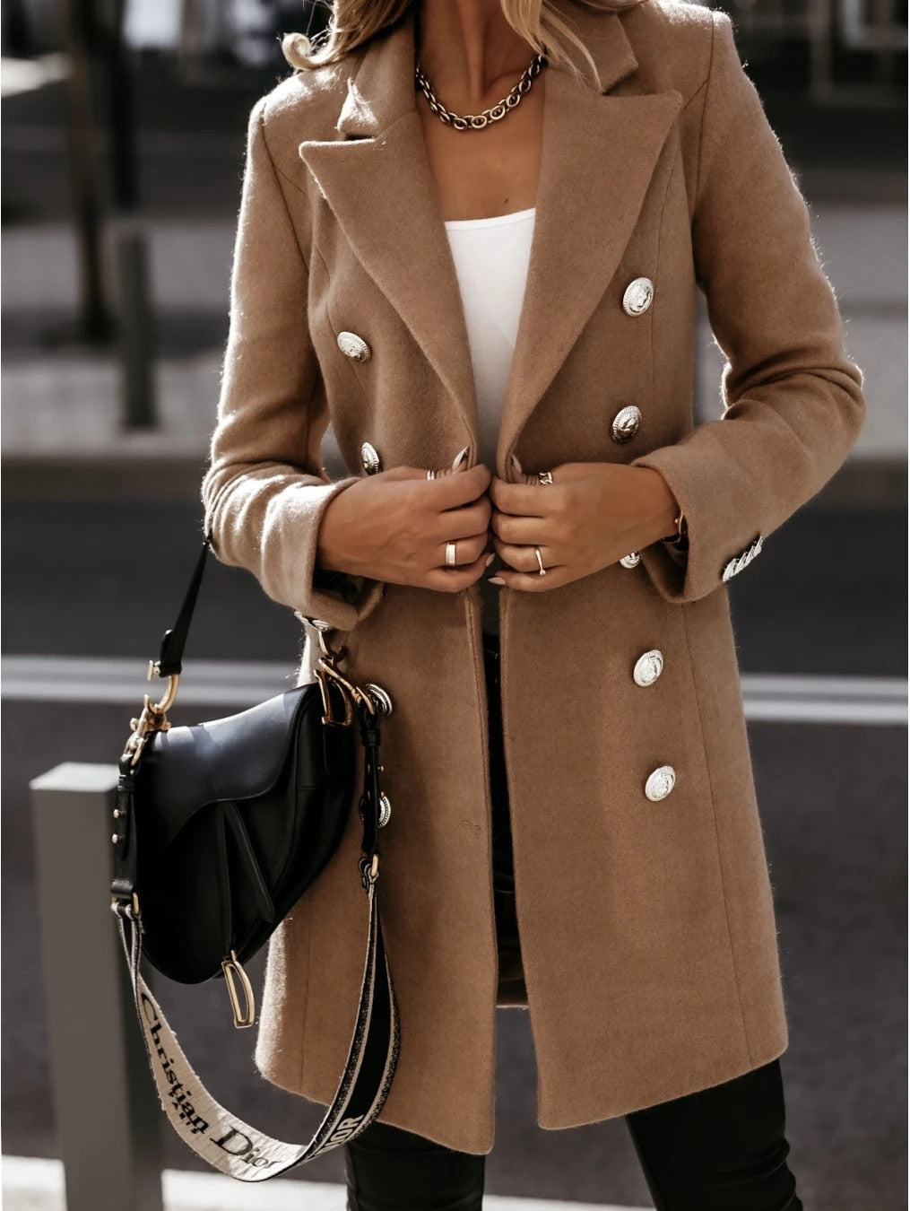 Women's Brown Buttons Mid Length Coats  - D'Zani Fashion