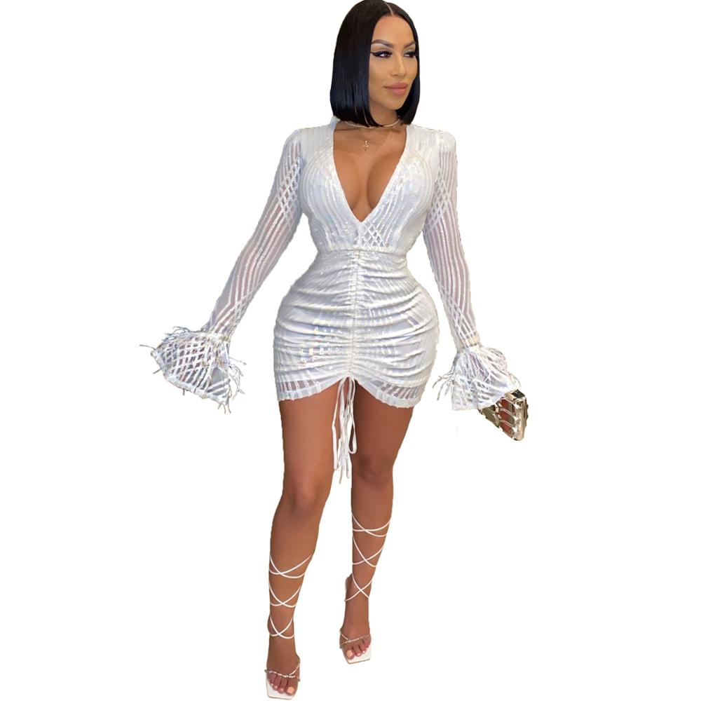 Women's White Sexy Sequin Mini Dress - D'Zani Fashion