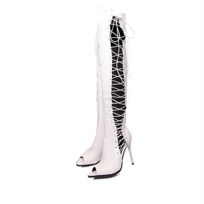 Women's White Gladiator Knee High Heels Boots - D'Zani Fashion