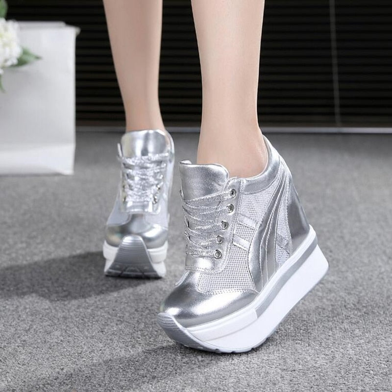 Women's Silver Comfortable Wedge Sneakers - D'Zani Fashion