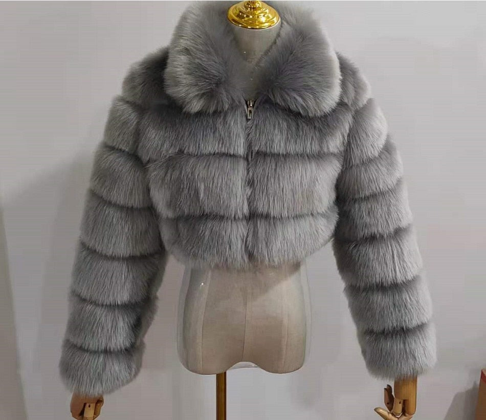 Women's Grey Fluffy Faux Fur Short Jackets - D'Zani Fashion