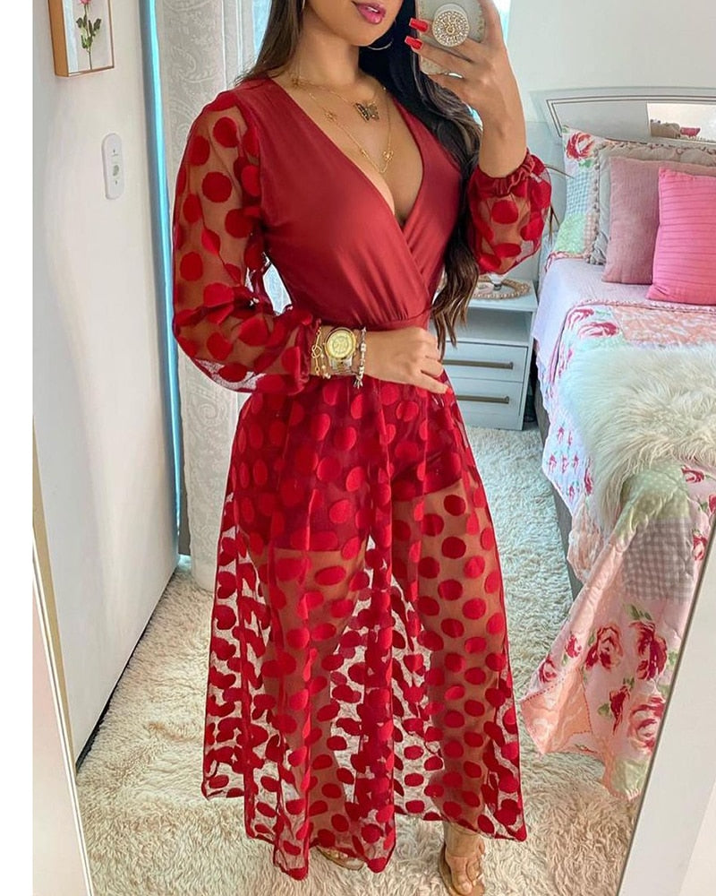 Women's Red Polka Dot Elegant Mesh Dress - D'Zani Fashion