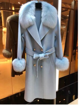 Women's Grey Faux Fur Collar Cashmere Wool Coat  - D'Zani Fashion