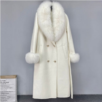 Women's White Faux Fur Collar Cashmere Wool Coat  - D'Zani Fashion