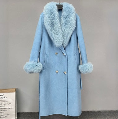 Women's Light Blue Faux Fur Collar Cashmere Wool Coat  - D'Zani Fashion