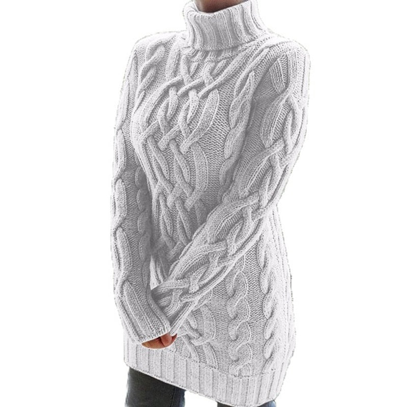 Women's White Sweater Long Sleeve Turtleneck Dress - D'Zani Fashion
