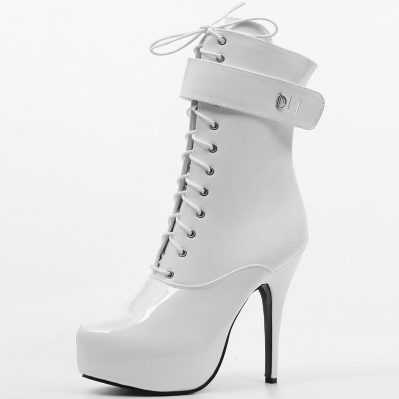 Women's White Sexy Lace-Up Padlocks High Heel Boots - D'Zani Fashion