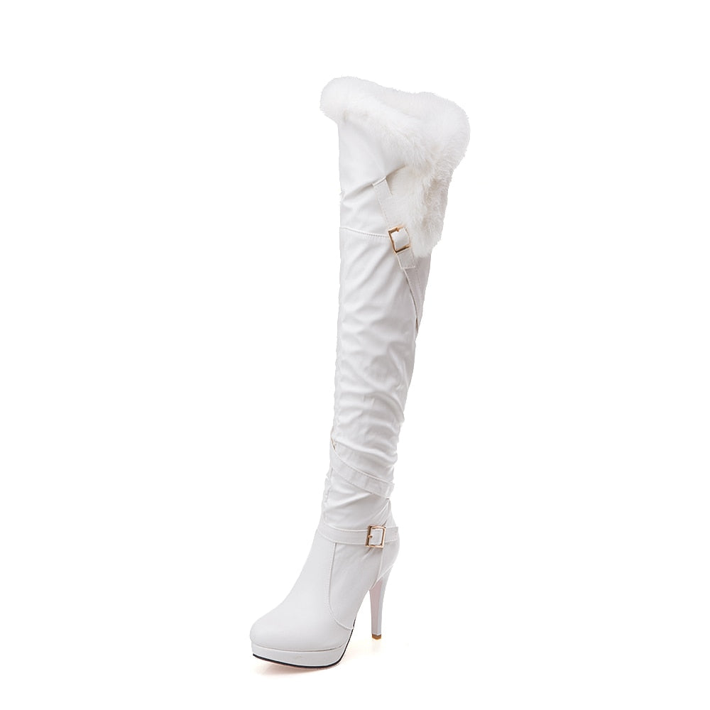 Women's White 2 Plush Knee High Boots - D'Zani Fashion
