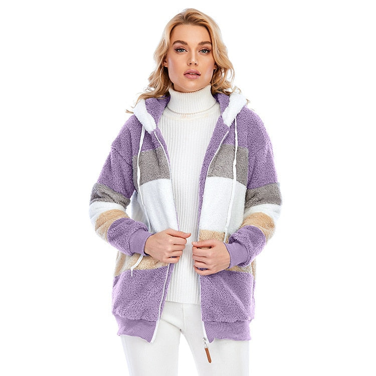 Women's Purple Fuzzy Warm Hooded Jacket  - D'Zani Fashion