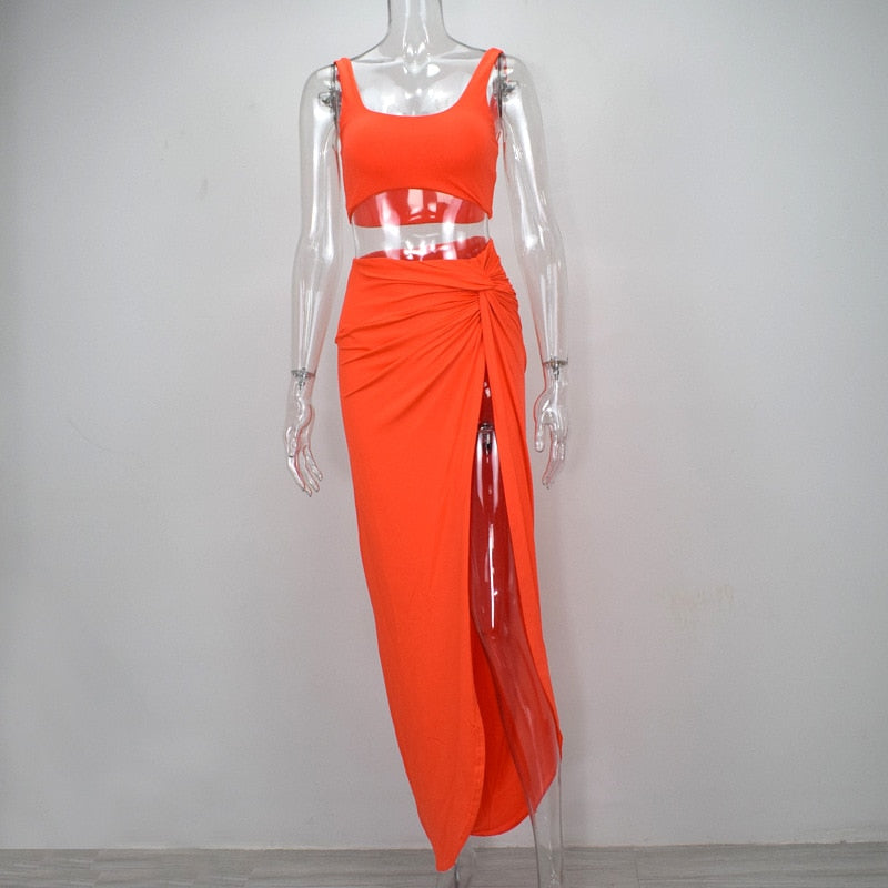 Women's Orange Two Piece Chic Maxi Skirt Set - D'Zani Fashion