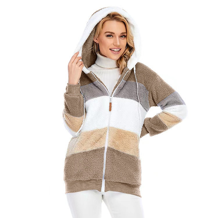 Women's Khaki Fuzzy Warm Hooded Jacket  - D'Zani Fashion