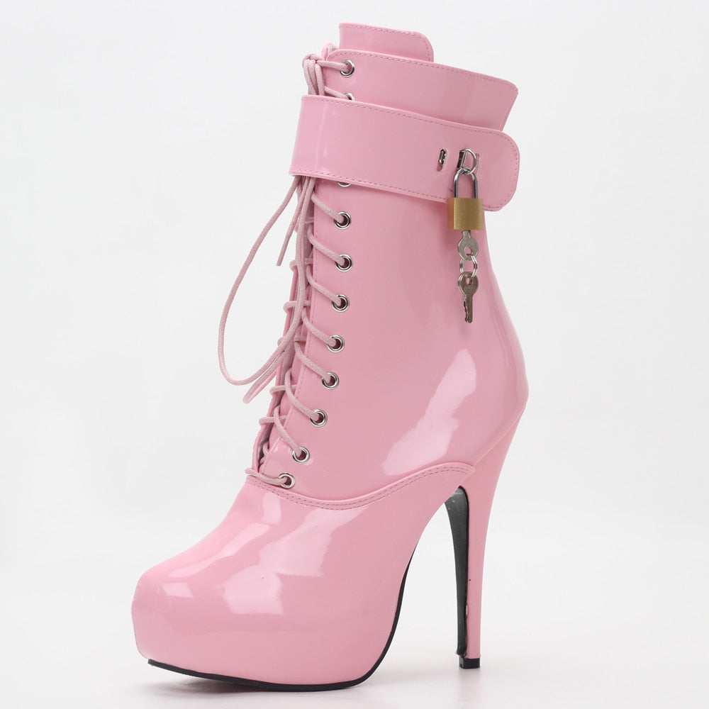 Women's Pink Sexy Lace-Up Padlocks High Heel Boots - D'Zani Fashion