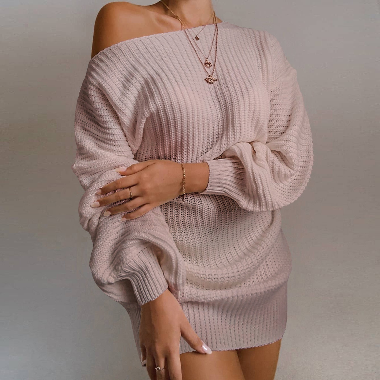 Women's Beige Jersey Sweater Mini Dress - D'Zani Fashion