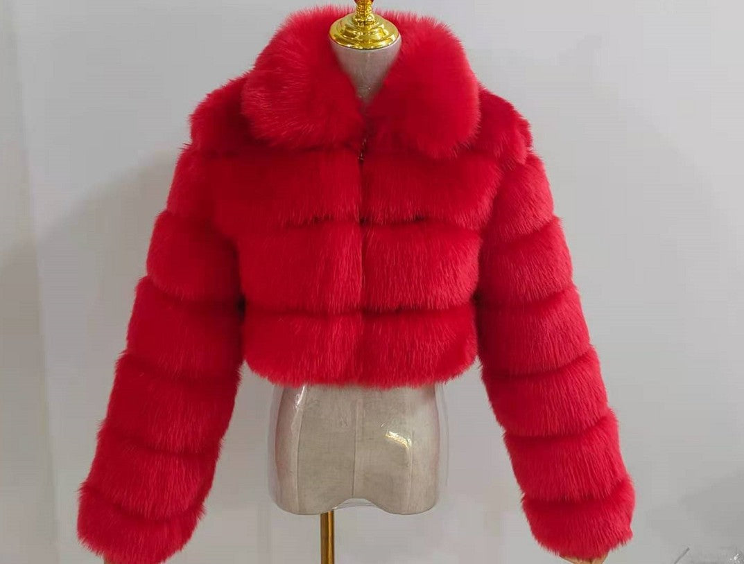 Women's Red Fluffy Faux Fur Short Jackets - D'Zani Fashion