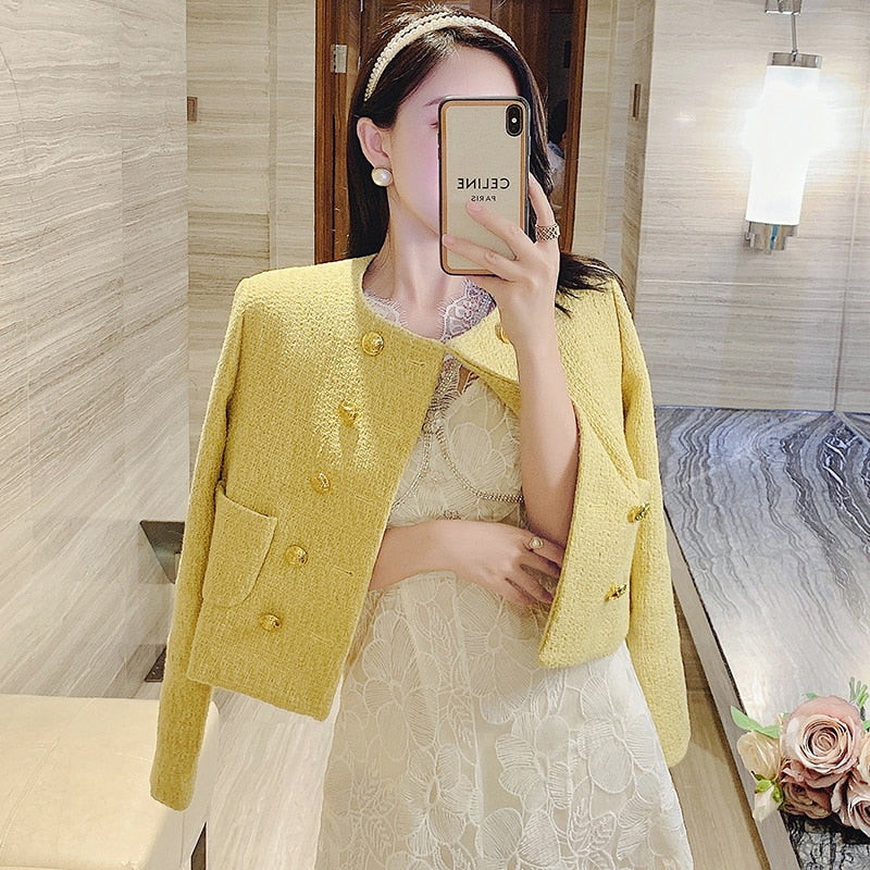 Women's Yellow Petite Waist Length Tweed Jacket - D'Zani Fashion