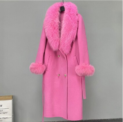 Women's Pink Faux Fur Collar Cashmere Wool Coat  - D'Zani Fashion
