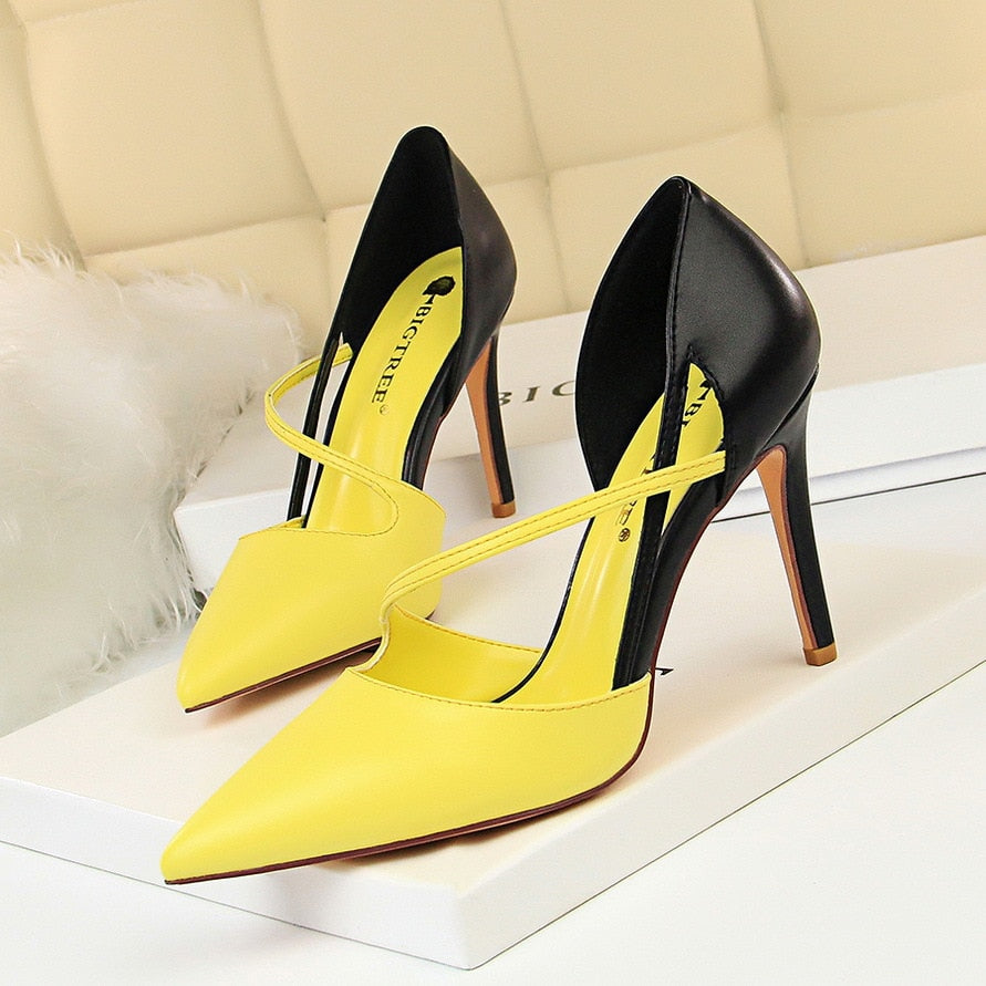 Women's Yellow Classy Two Tone High Heel Shoes - D'Zani Fashion