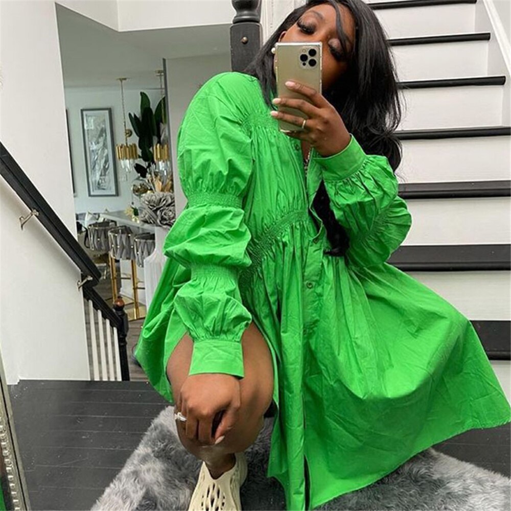 Women's Green Button Up Ruched Shirt Dress  - D'Zani Fashion