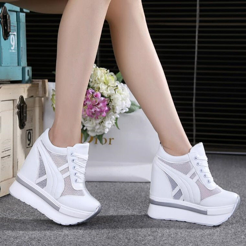 Women's White Comfortable Wedge Sneakers - D'Zani Fashion