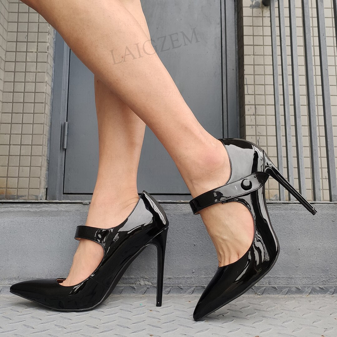 Women's Black Pointy Toe Mary Janes Stilettos - D'Zani Fashion