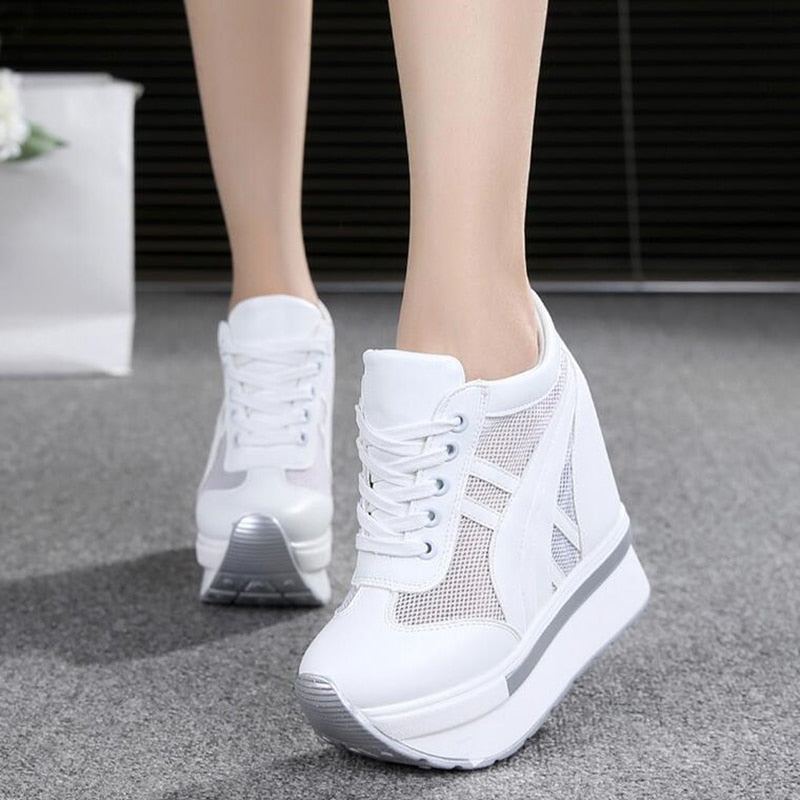 Women's White Comfortable Wedge Sneakers - D'Zani Fashion