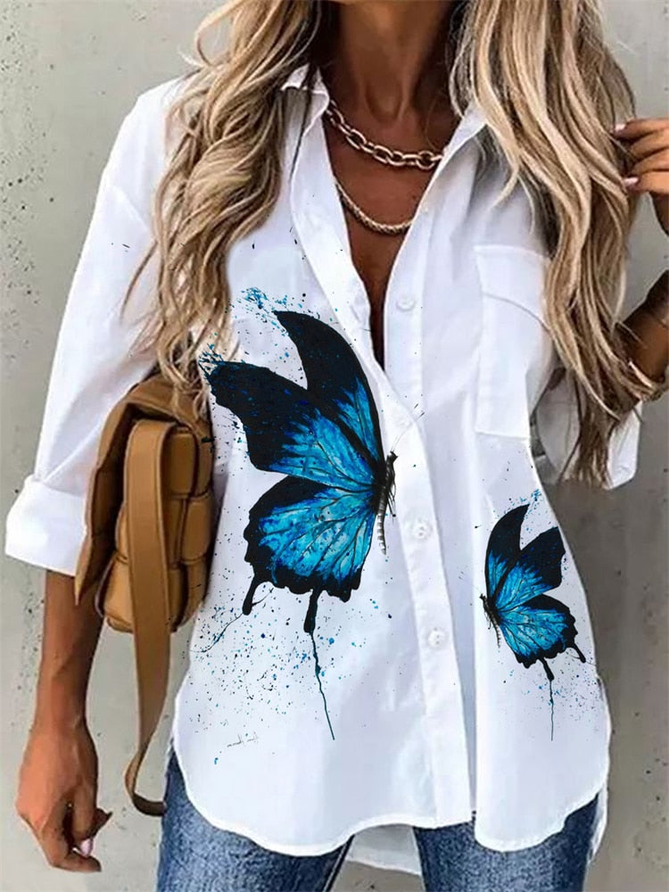Women's Blue Butterfly Cool Casual Shirt - D'Zani Fashion