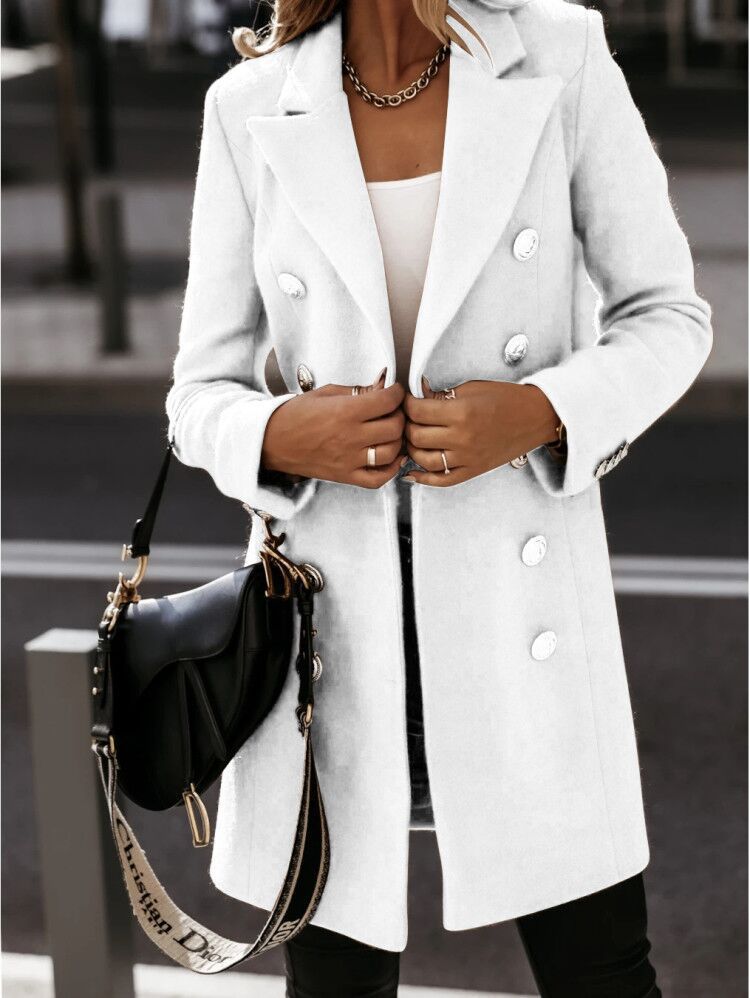 Women's White Buttons Mid Length Coats  - D'Zani Fashion