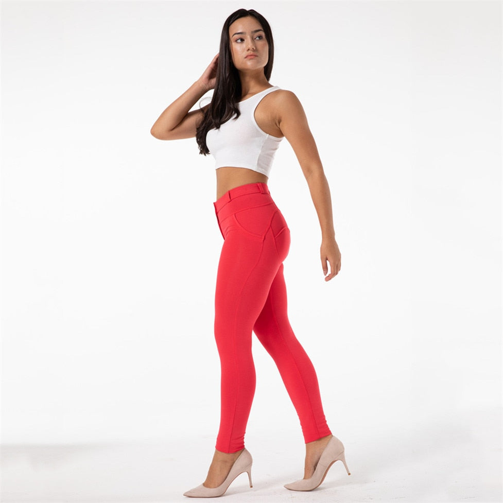 Women's Red Jeggings Cotton Bum Lift Pants - D'Zani Fashion
