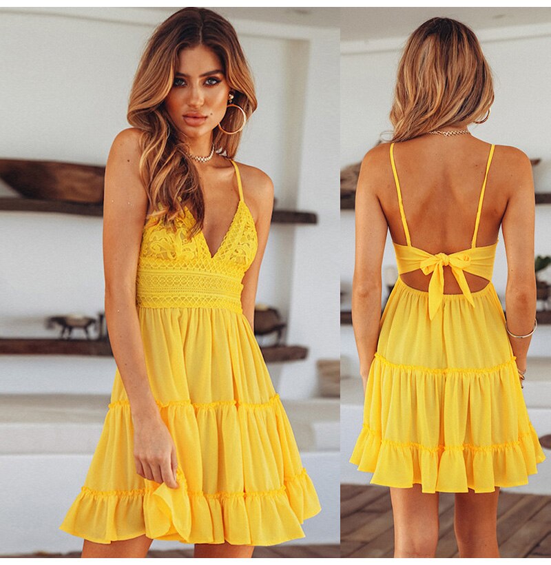 Women's Yellow Lace Sleeveless Halter Sundress - D'Zani Fashion