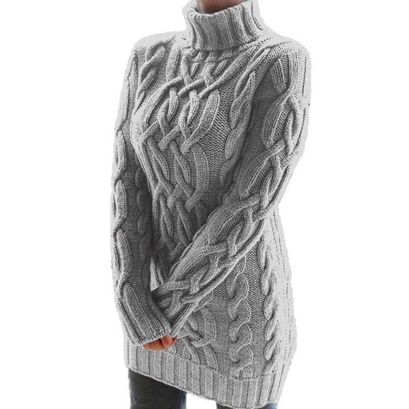Women's Grey Sweater Long Sleeve Turtleneck Dress - D'Zani Fashion