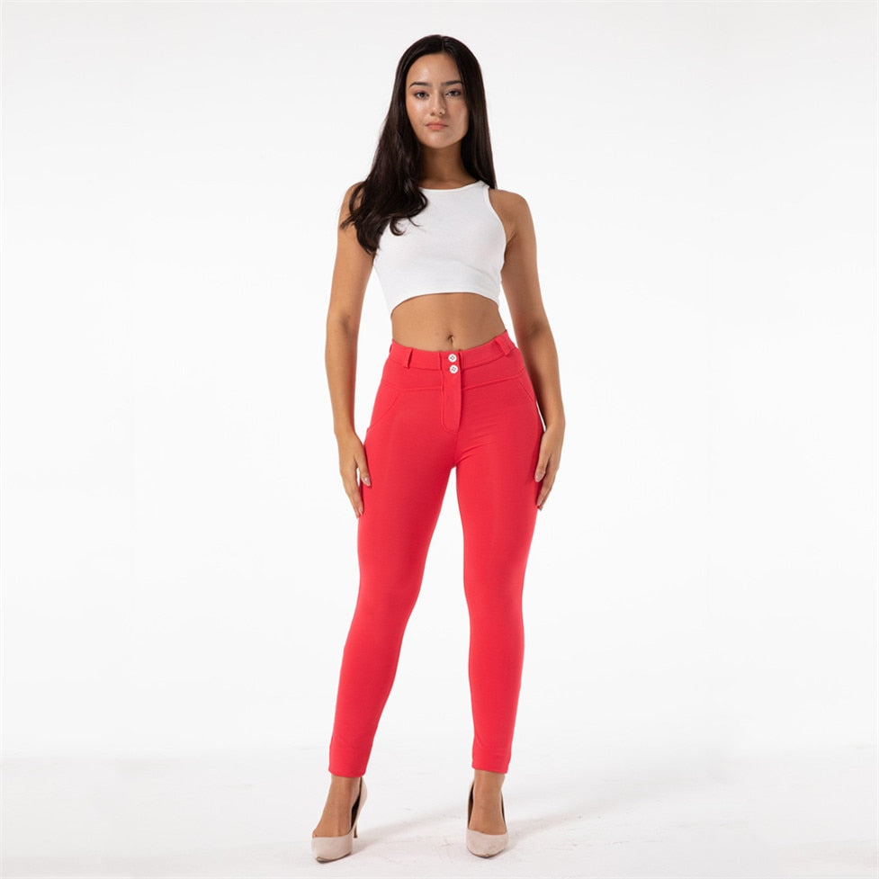 Women's Red Jeggings Cotton Bum Lift Pants - D'Zani Fashion