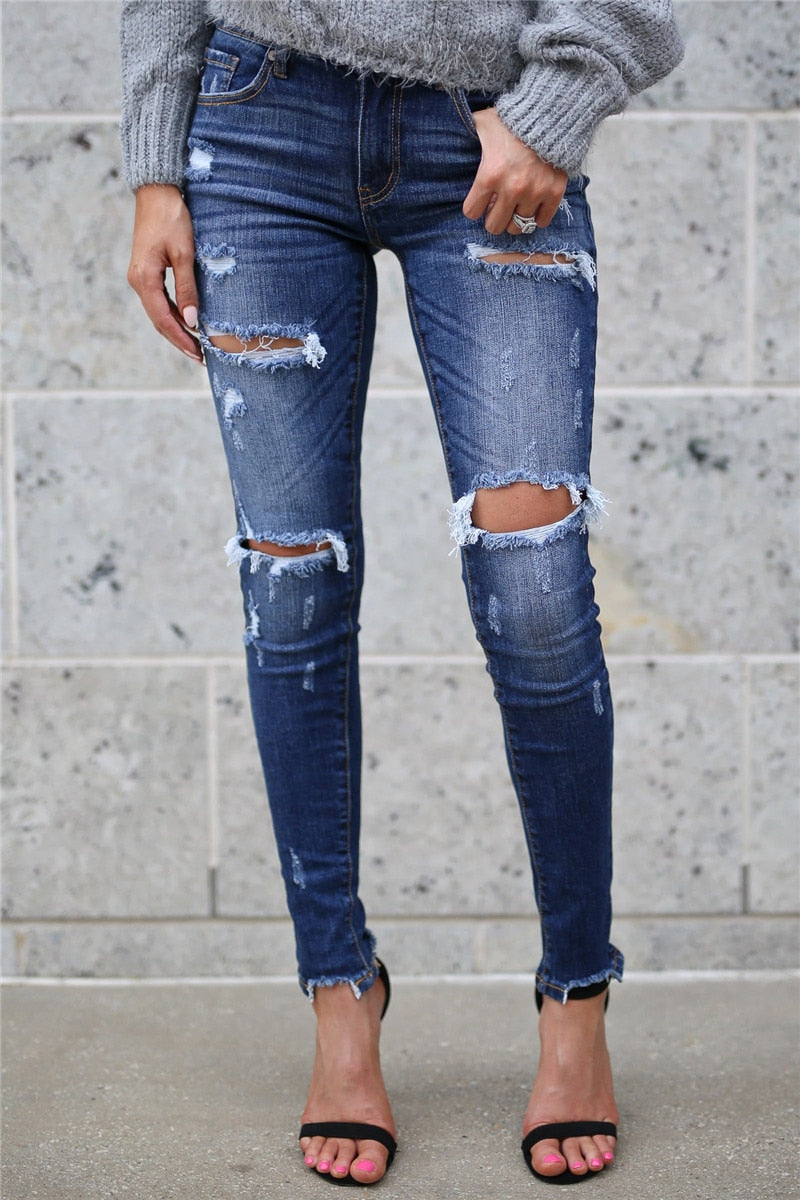 Women's Blue Distressed Ripped Denim Jeans - D'Zani Fashion